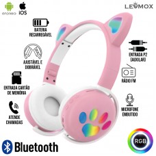 Headphone Bluetooth Gatinho LEF-1018 Lehmox - Rosa